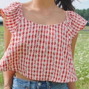 Kirious Los Angeles Red/White Gingham Eyelet Cutouts Ruching in Back Sz Large